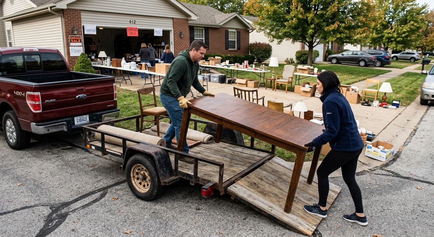 A man and woman loading a dining table onto a trailer