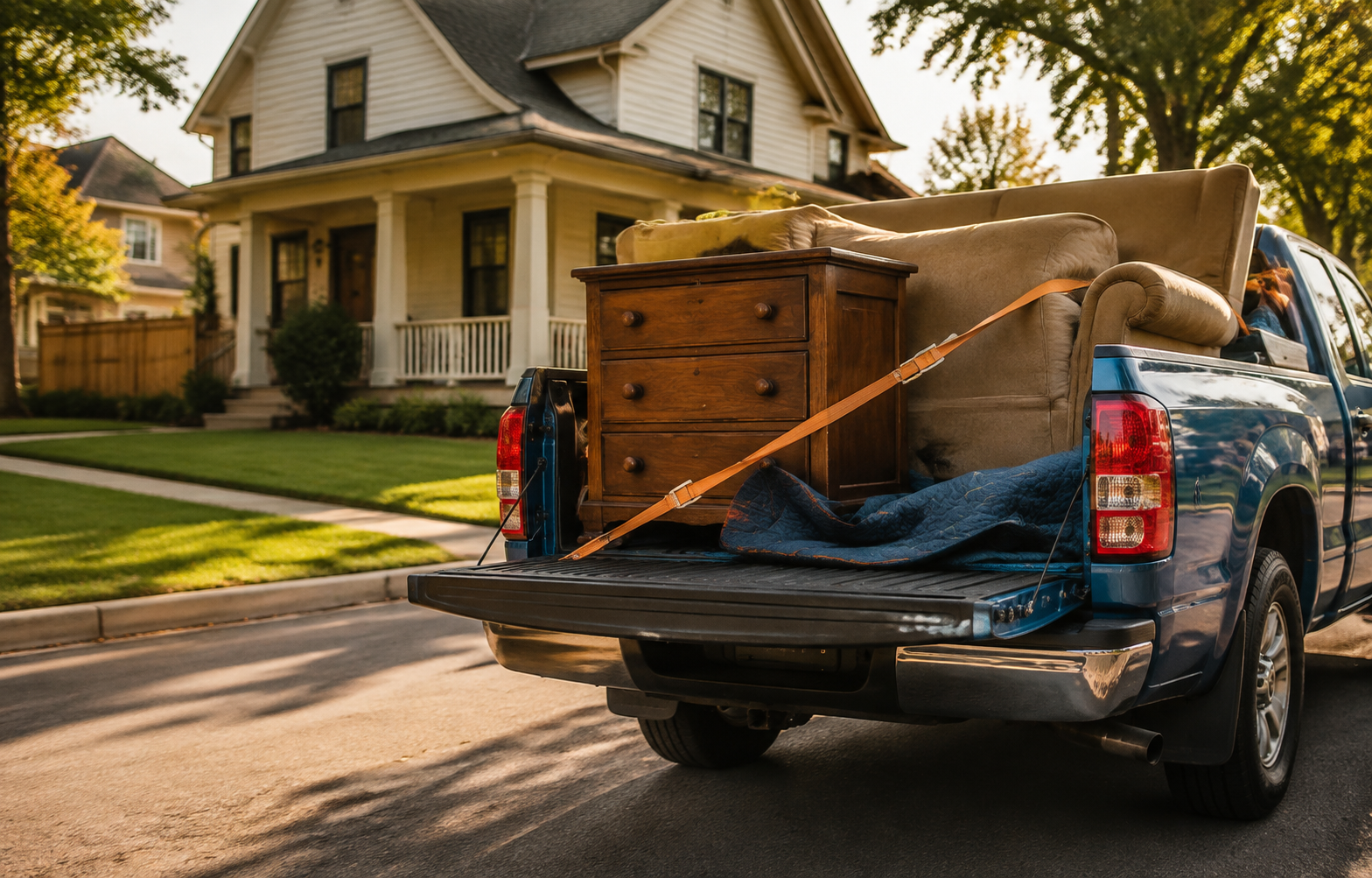 A blue pickup truck carrying furniture outside a home