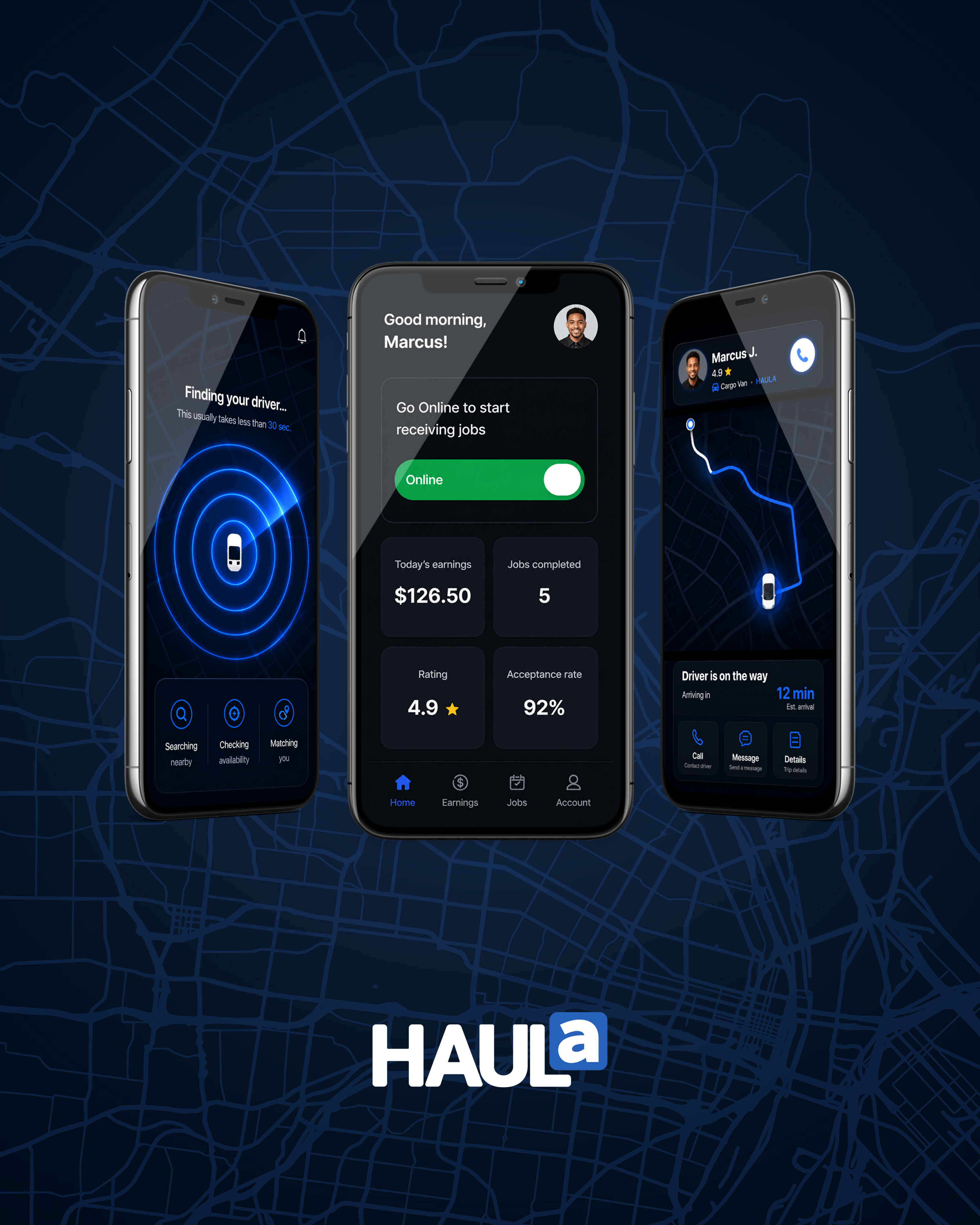 HAULa driver app screens showing matching, availability, and live route updates