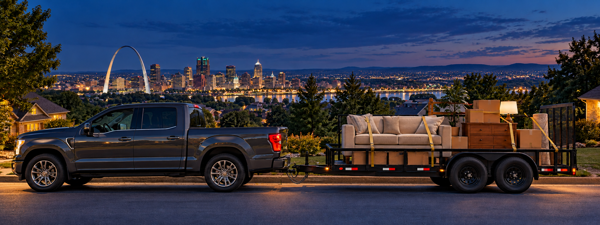 A dark pickup truck and loaded utility trailer with household belongings already secured for transport at dusk